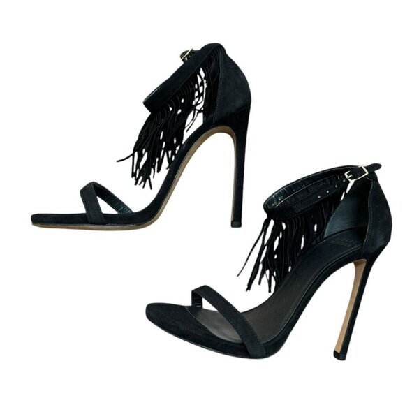 Stuart Weitzman Sz 7 Heels Love Fringe Strappy Sandals Black Suede Classic Party - Picture 7 of 9